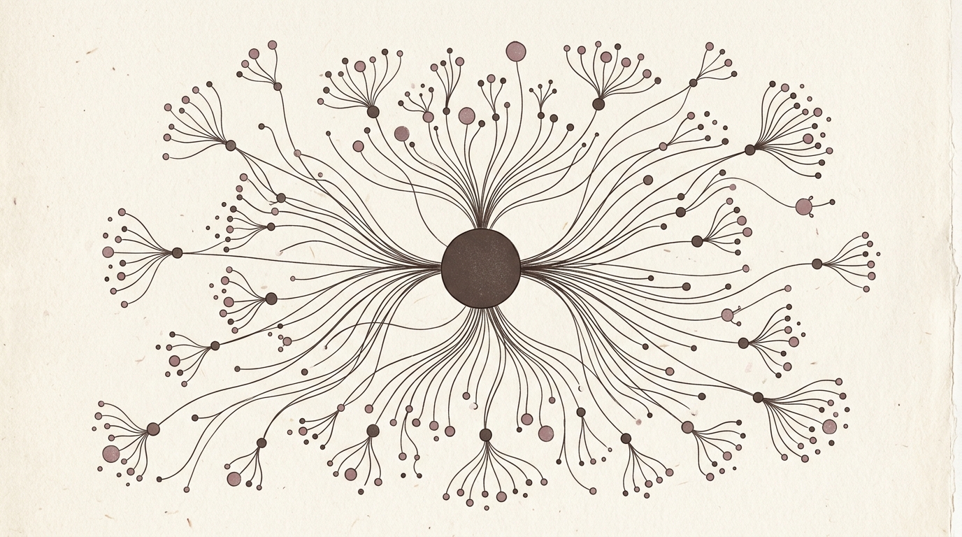 Network diagram showing one central node connected to many smaller satellite nodes — visualising a federation model