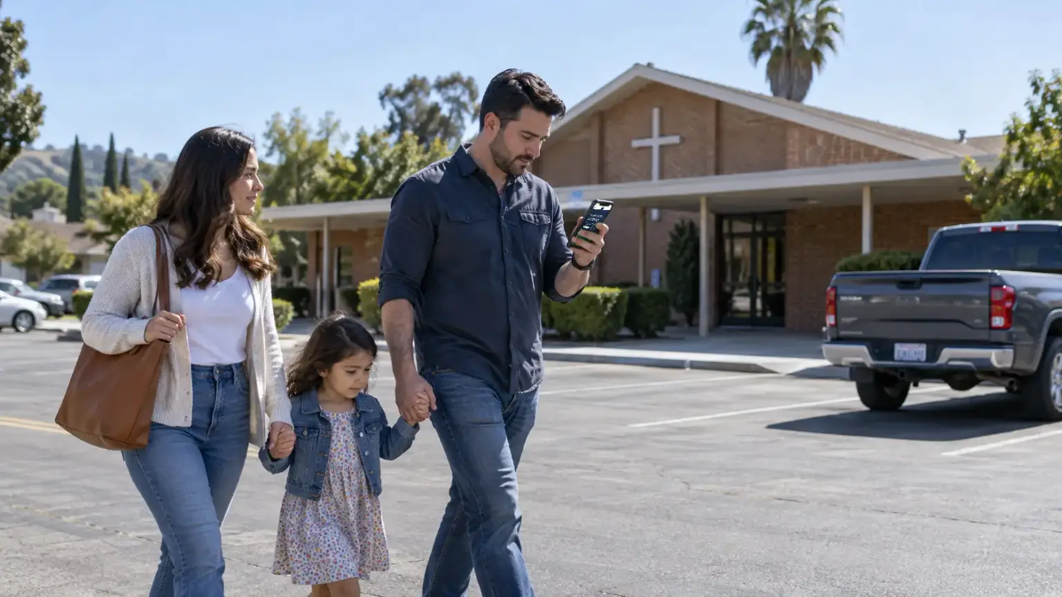 Illustrative photograph of a family walking to a small brick church, the father checking the church's website on his phone.