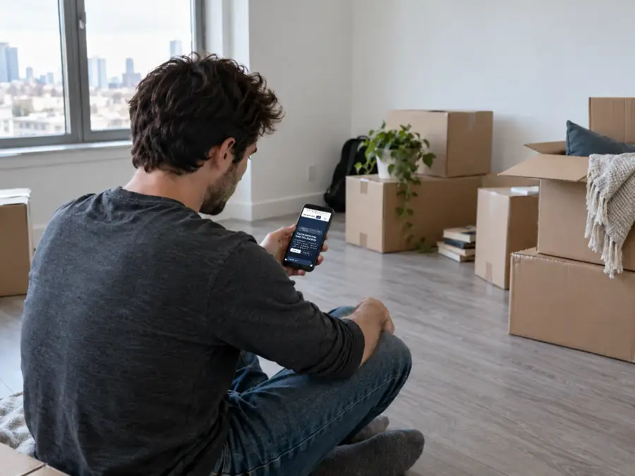 Illustrative photograph of a man who just moved, looking at a church website on his phone among moving boxes.