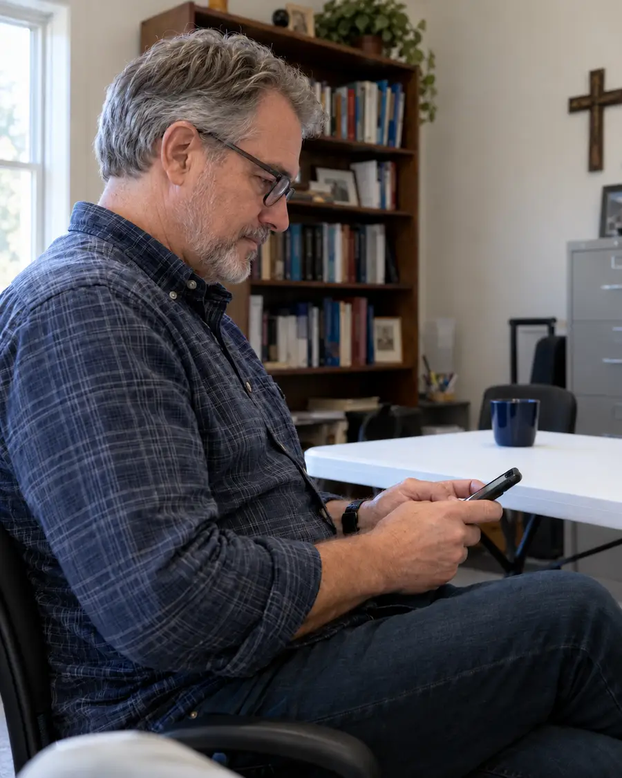 Illustrative photograph of a pastor typing a message on his phone in a small church office.